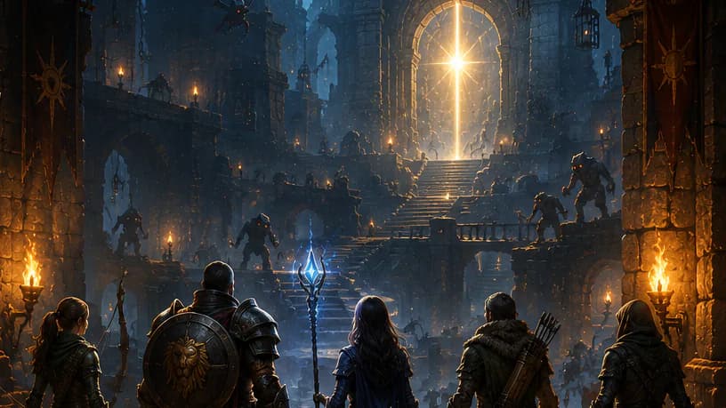 Everlight champions facing a glowing doorway in a dark dungeon