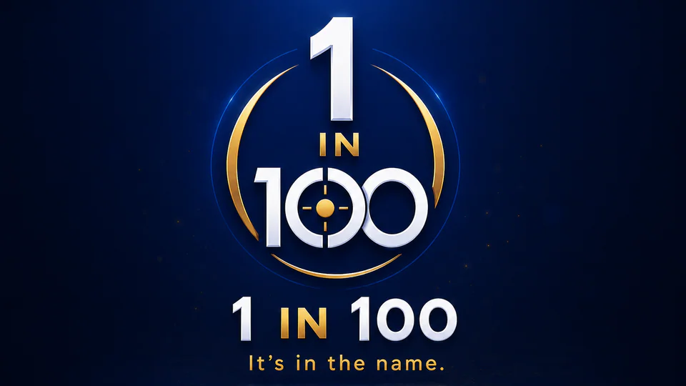 1 in 100 white and gold logo on a deep navy background